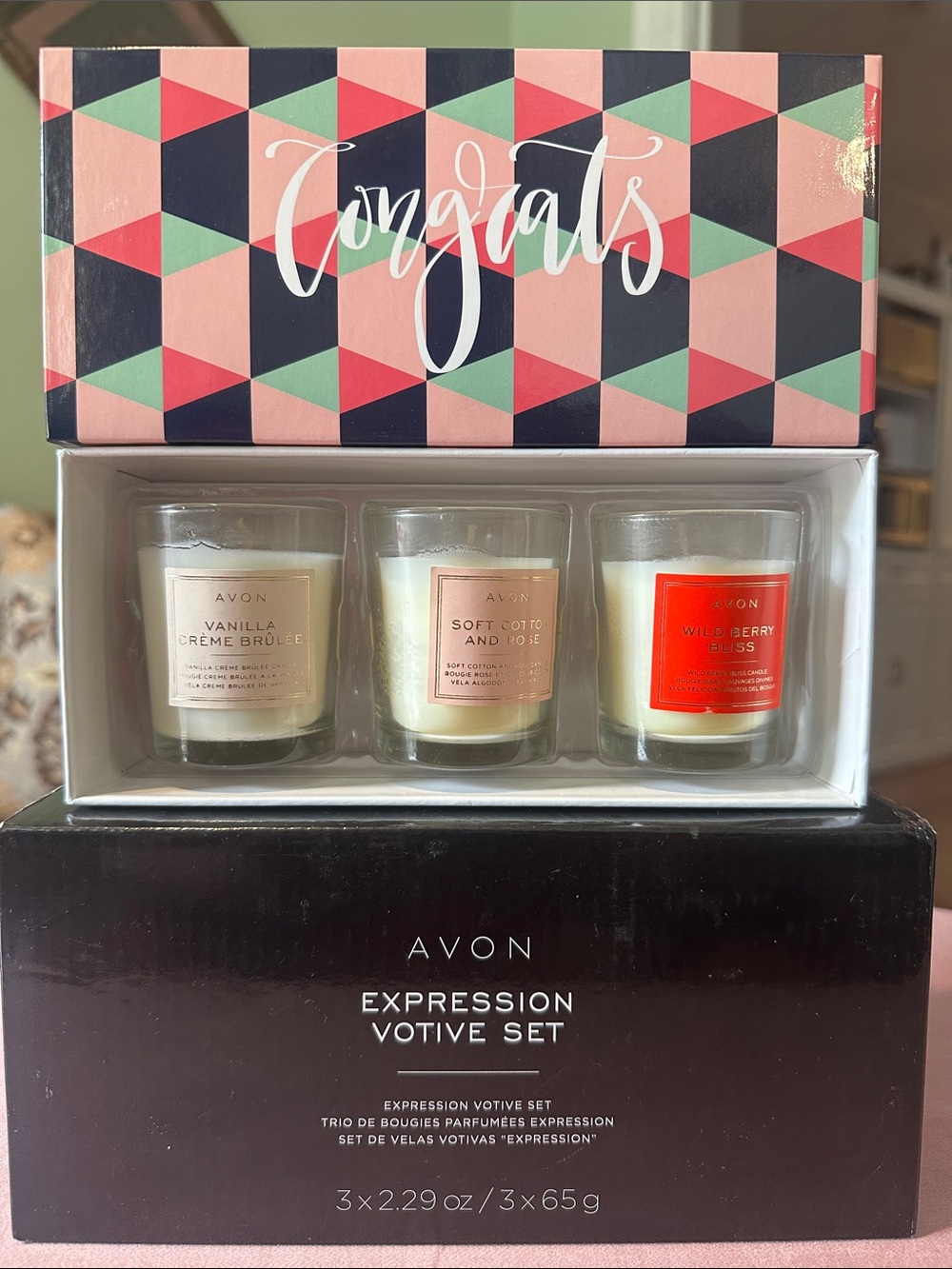 Avon Votive Candle Set – Pink, Coral & Mint Accents Congratulations Gift Set.